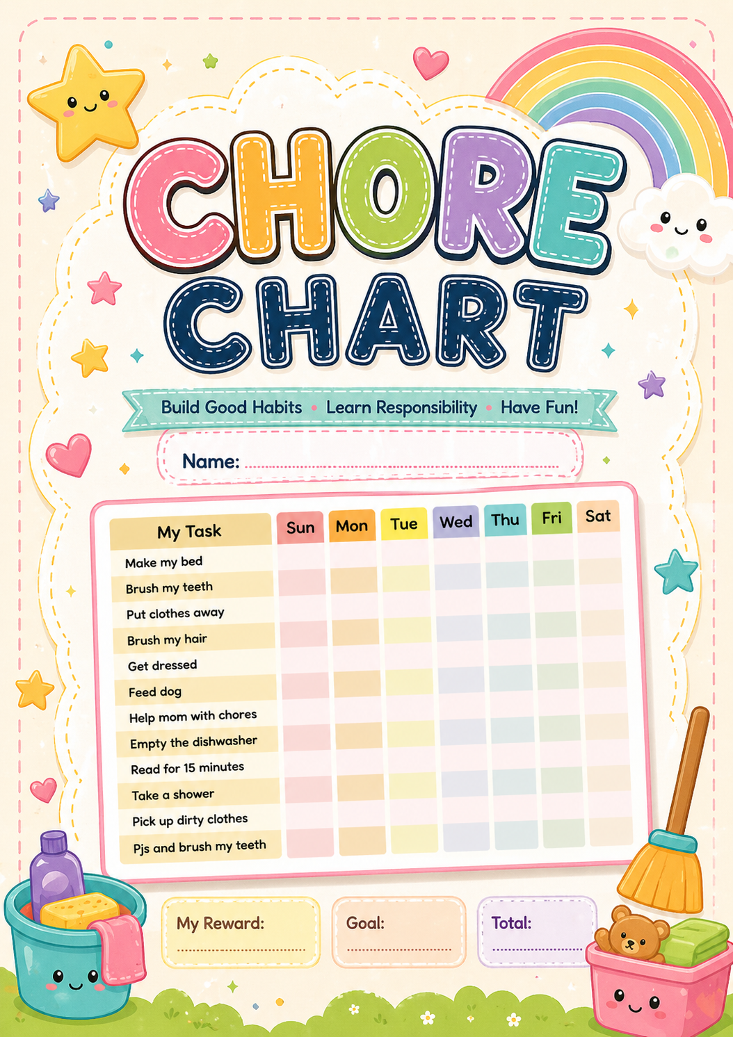 Kids Daily Chore Chart - Weekly Routine & Task Tracker (Printable PDF)