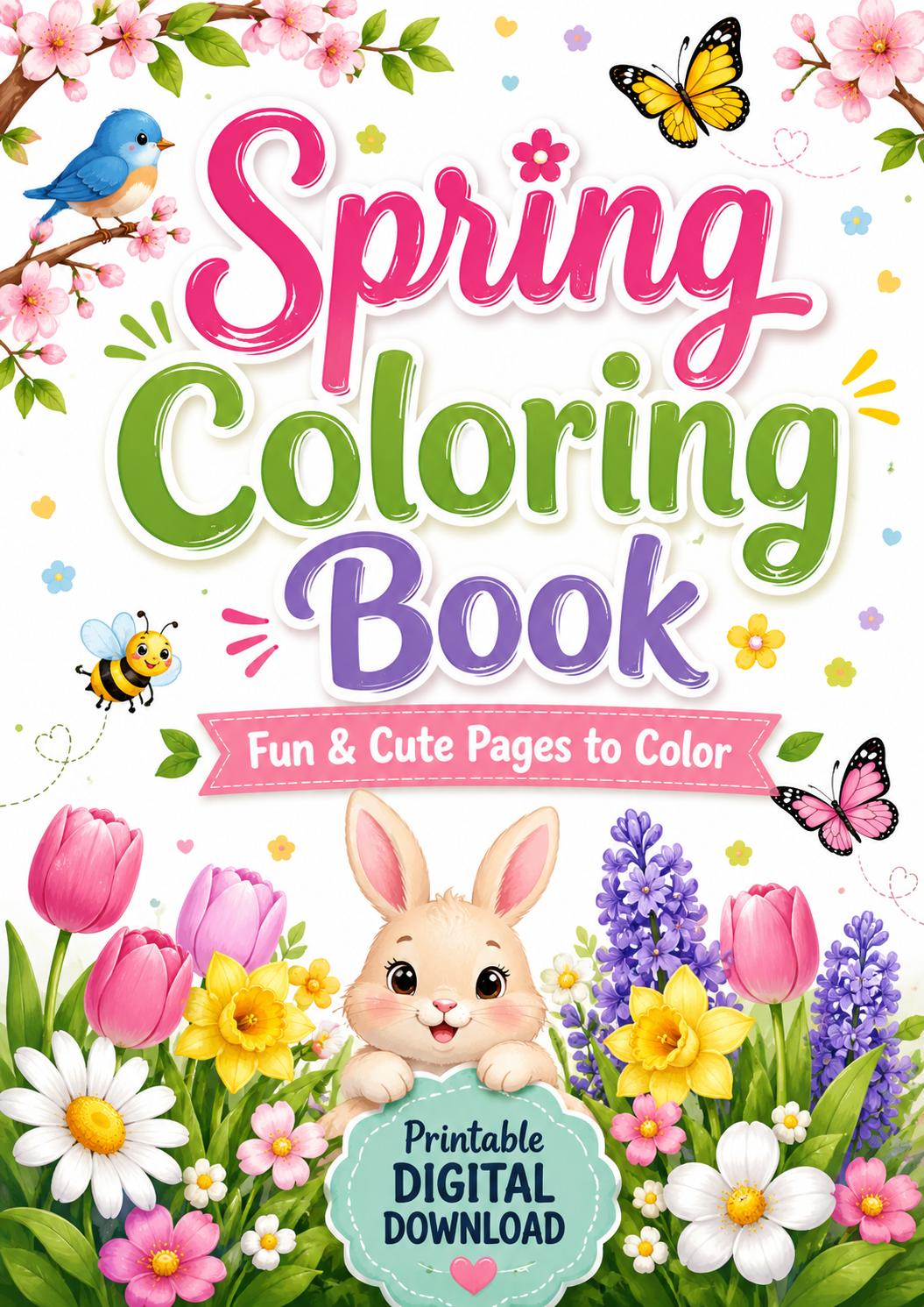 spring coloring book, kids, printable, spring coloring pages, flowers, butterflies, bunny, activity PDF