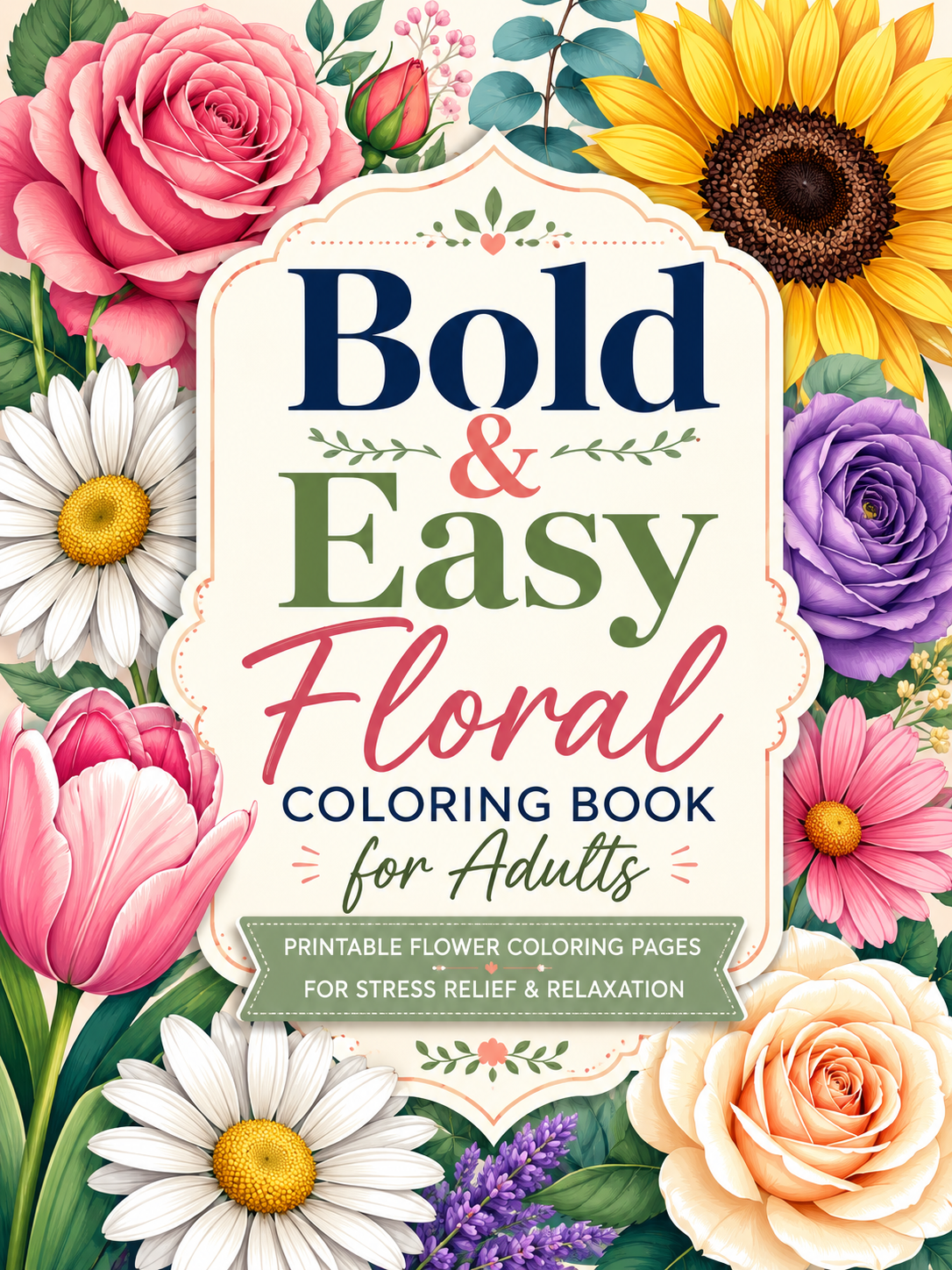 Bold & Easy Floral Coloring Book for Adults: Printable Flower Coloring Pages for Stress Relief & Relaxation