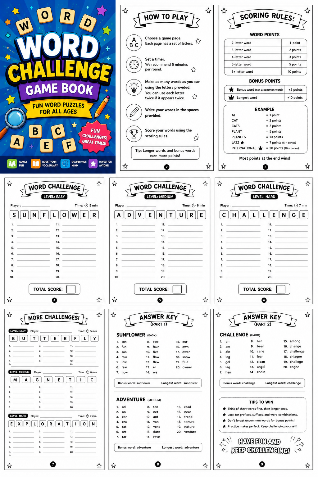 Printable Word Challenge Game Book Fun Word Puzzles for Kids, Adults & Family Game Night — 19 Pages