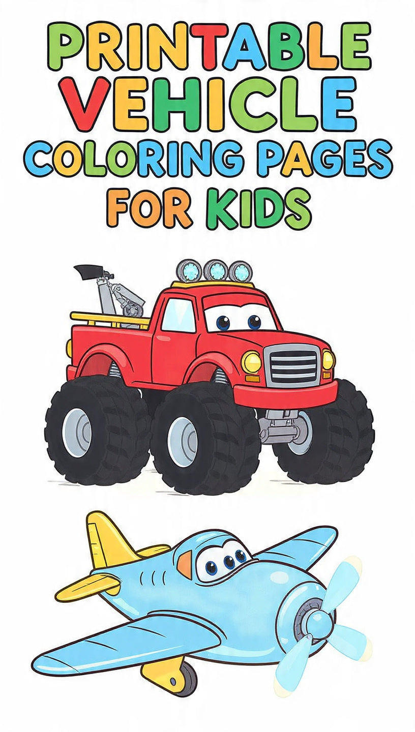 Printable Vehicle Coloring Pages Pack for Kids - Cars, Trucks & Planes (Digital Download)